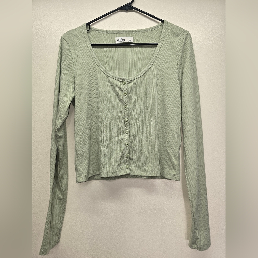 Hollister Y2K Ribbed Button Down Crop Top Size L Mint Green
